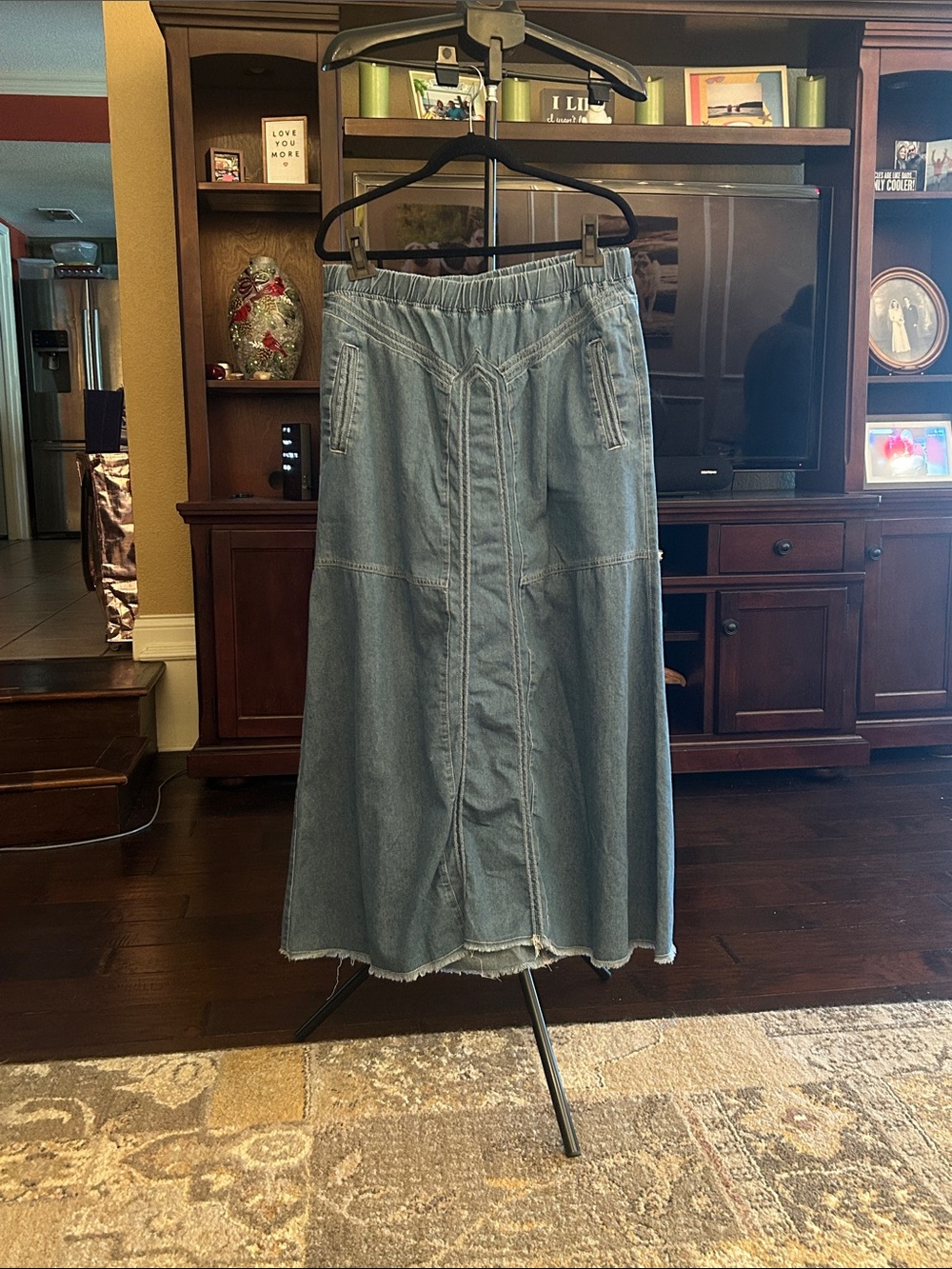 Casual Light Blue Denim Maxi Skirt - Elastic Waist